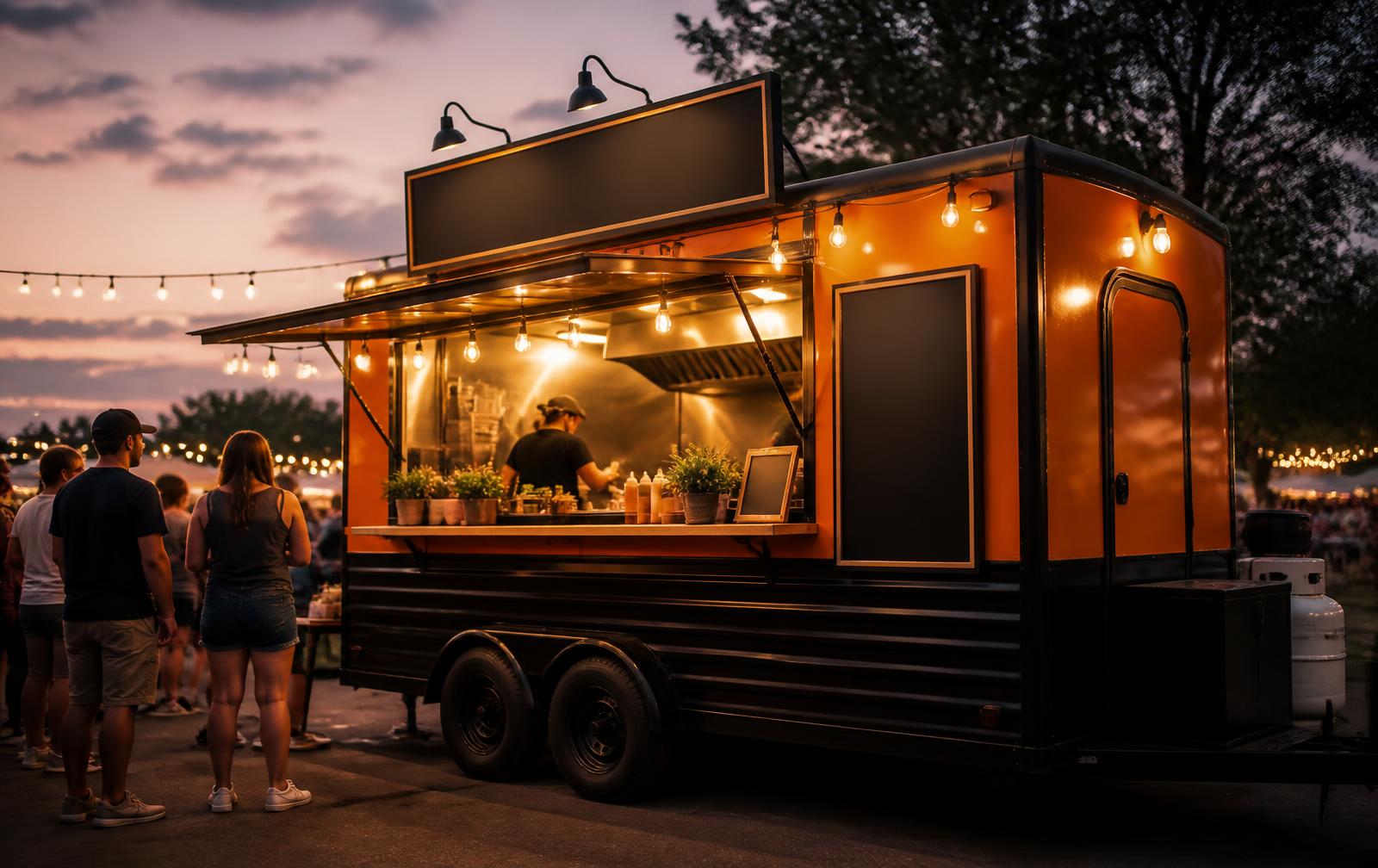 La Caserita Móvil atendiendo en una feria al atardecer